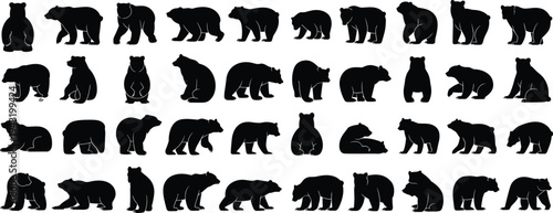 Bear silhouette, black bear, grizzly bear, walking bear, standing bear, roaring bear, sitting bear, lying bear, wildlife vector, animal art