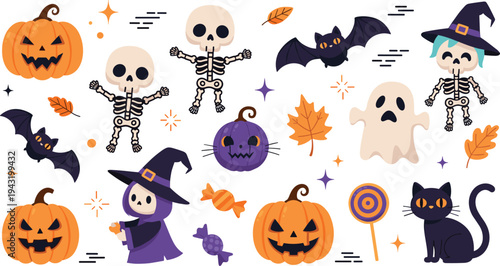 Cute Halloween cartoon set with pumpkin skeleton ghost witch bat black cat candy autumn vector illustration collection