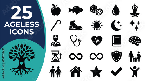 A collection of ageless icons representing health, life, and well-being.