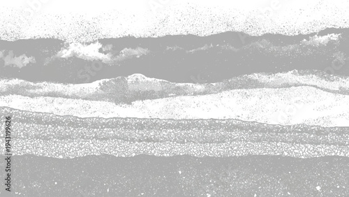 Grey-scale illustration of ocean waves crashing shoreline  serene natural scenery