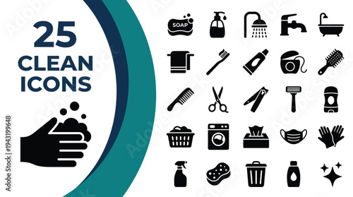 A collection of 25 clean icons representing hygiene and cleaning supplies.