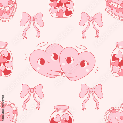 Seamless pattern with cute outline Valentines Day heart characters. Design for banner, wallpaper, wrapping paper, background, card, poster. Vector illustration