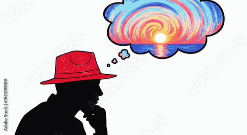 Silhouette of a person in a red hat contemplating a vibrant, abstract sunset in a thought bubble, symbolizing imagination, dreams, and creative thinking.