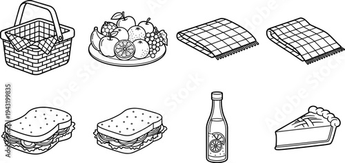 Collection of picnic items including basket, fruit, sandwiches, drink, and pie