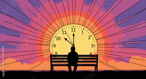 Silhouette of a person sitting on a bench watching a giant clock face superimposed on a vibrant sunrise, symbolizing time passing and life's journey.