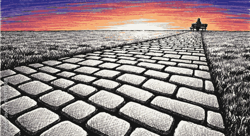 A lone figure on horseback rides down a long, winding cobblestone path towards a vibrant sunset, symbolizing a journey or destiny.