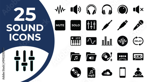 A collection of 25 sound and audio icons for digital use.