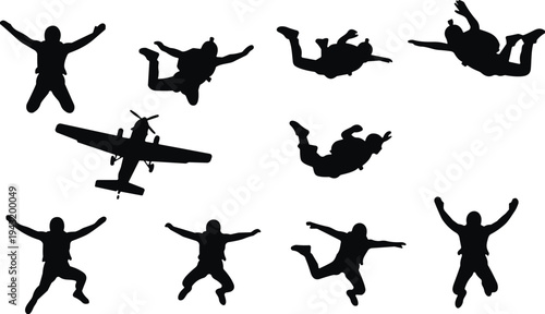 Skydiving silhouettes collection with parachute jumpers and airplane extreme sport freefall skydivers isolated black vector illustration set