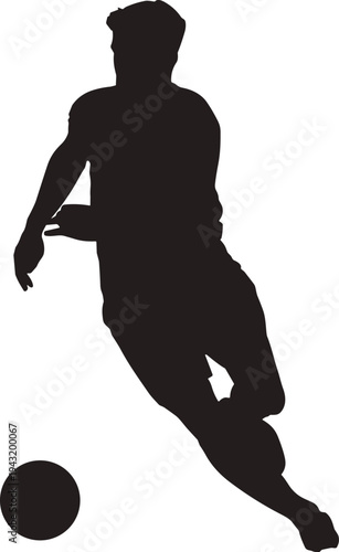 Soccer player silhouette dribbling ball football athlete action pose isolated black vector illustration for sport competition design