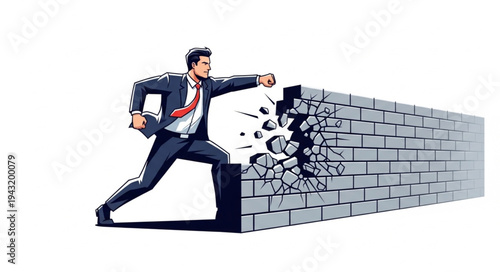 Businessman In Suit Breaking Through Wall.