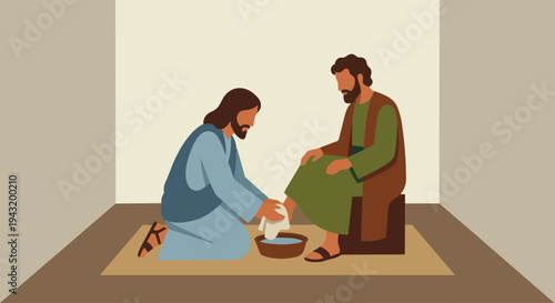 Jesus Washes the Disciples’ Feet

Flat vector illustration of Jesus washing the disciples’ feet, showing Jesus kneeling beside a disciple with a small basin of water and cloth, simple indoor backgroun