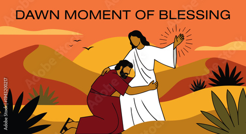 Dawn Moment of Blessing

Flat vector style illustration with solid colors showing the final moment of Jacob’s struggle with the angel at dawn. Jacob kneeling while holding onto the angel as the sky 