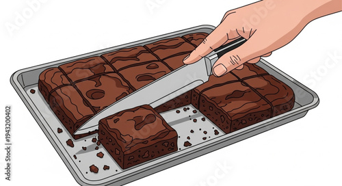 Brownie Cake Being Sliced by Hand.