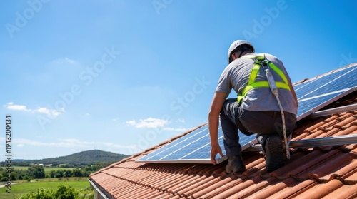 Worker in safety harness installing new solar panels on a terracotta tiled roof under a clear blue sky