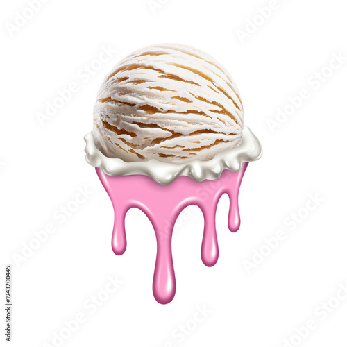 Realistic melting ice cream with pink drips isolated on white background