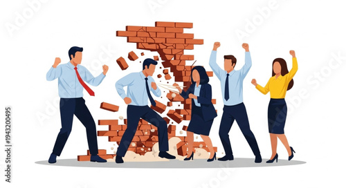 Business Team Breaking Down Barriers Together.