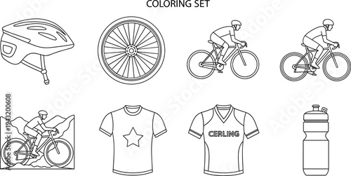 Collection of cycling equipment and apparel line art for coloring activities