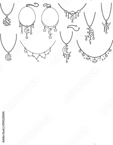 Collection of ten celestial necklace illustrations featuring moons, stars and planets with ornamental pendants for fashion and jewelry
