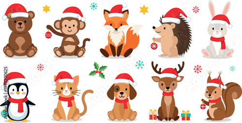 Cute Christmas animals collection with bear monkey fox hedgehog rabbit penguin dog deer squirrel vector illustration set