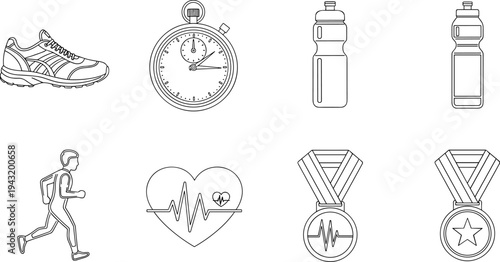 Collection of sports and fitness icons including running shoe, stopwatch, water bottles, runner, heart rate, and medals