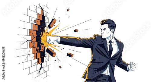 Businessman Breaking Through Brick Wall.