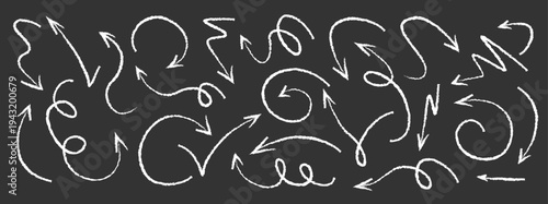 Arrow drawn hand vector line icon set. Hand drawn brush chalk stroke arrow curve, thin pencil scribble shape with vintage charcoal crayon texture. Doodle up down arrow symbol. Vector illustration