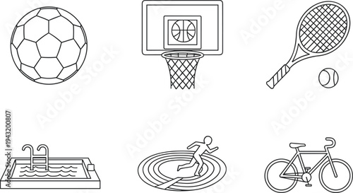 Collection of simple line art icons representing various sports and recreational activities
