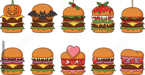 Collection of ten creative burger illustrations with holiday and festive themes including Halloween, Christmas, Valentine and dessert