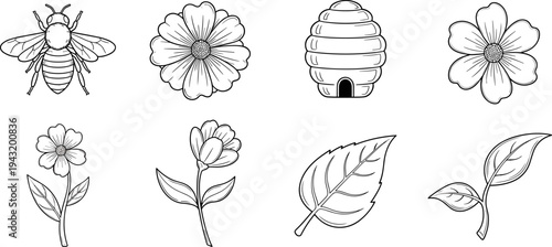Collection of simple line art icons featuring a bee, flowers, beehive, and leaves