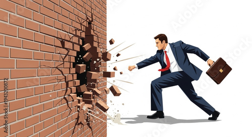 Businessman Breaking Through Brick Wall.