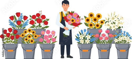 Florist arranging colorful bouquet in vibrant flower shop surrounded by roses, sunflowers, lilies, and mixed floral arrangements display