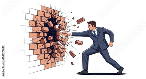 Businessman Breaking Through Brick Wall.