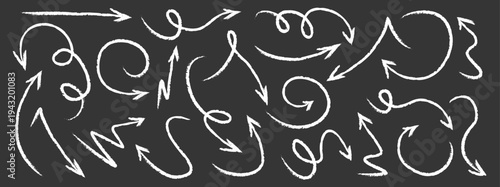Arrow drawn hand vector line icon set. Hand drawn brush chalk stroke arrow curve, thin pencil scribble shape with vintage charcoal crayon texture. Doodle up down arrow symbol. Vector illustration