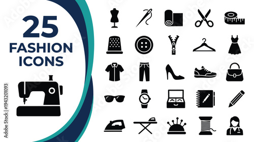 A collection of 25 diverse fashion and sewing icons.