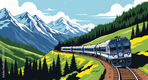 Train traveling through a scenic mountain landscape