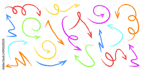 Arrow drawn hand vector line icon set. Hand drawn brush chalk stroke arrow curve, thin pencil scribble shape with vintage charcoal crayon texture. Doodle up down arrow symbol. Vector illustration