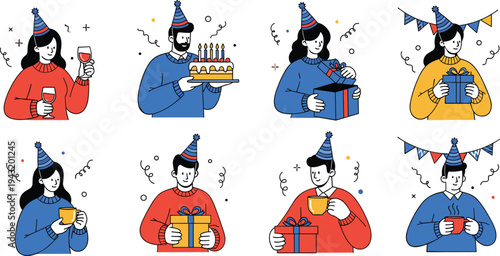 Birthday party celebration cartoon characters set with people wearing party hats, holding cake, gifts and drinks, festive illustration collection isolated on white background
