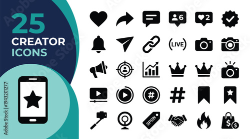 A collection of icons for content creators includes social media symbols.