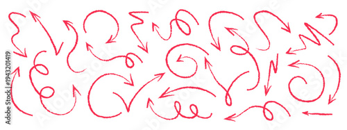 Arrow drawn hand vector line icon set. Hand drawn brush chalk stroke arrow curve, thin pencil scribble shape with vintage charcoal crayon texture. Doodle up down arrow symbol. Vector illustration