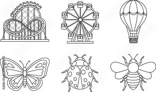 Collection of outline icons featuring amusement park rides and insects for design projects