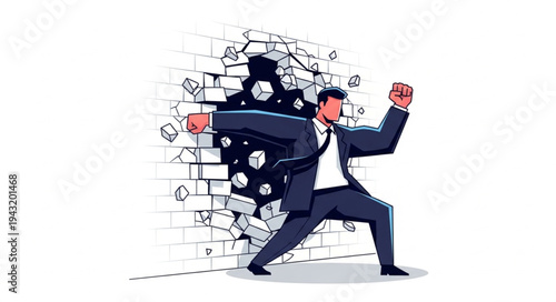 Businessman Breaking Through Wall Obstacle.
