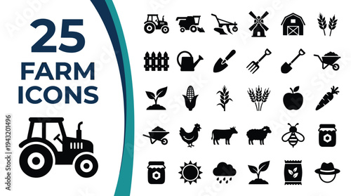 A collection of 25 farm-related icons in silhouette.