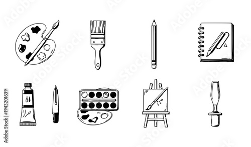 Detailed line art creative tools icon set with artist supplies drawing and painting equipment vector isolated on white background