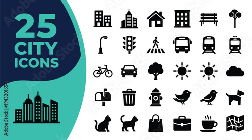 Collection of 25 city icons representing buildings, transport, and nature.