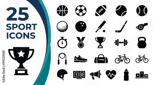 A collection of 25 sport icons are displayed on a white background.