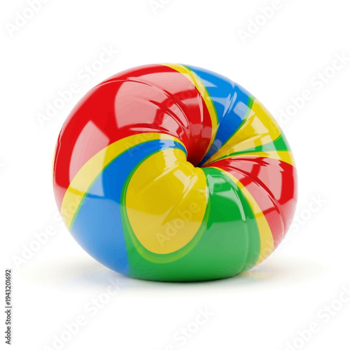 Vibrantly colored 3D abstract illustration of a twisted, squashed sphere, showcasing a playful and modern design with smooth, reflective surfaces and a dynamic, sculptural form