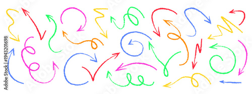 Arrow drawn hand vector line icon set. Hand drawn brush chalk stroke arrow curve, thin pencil scribble shape with vintage charcoal crayon texture. Doodle up down arrow symbol. Vector illustration