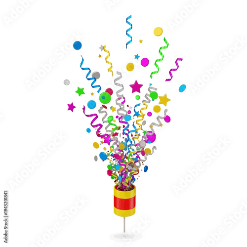 Vibrant 3D illustration of a party popper exploding with colorful confetti, stars, and streamers, perfect for joyous celebrations and festive designs