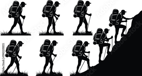 Hiking silhouette progression, backpack traveler walking with trekking poles, outdoor adventure climbing steep mountain slope, vector illustration of hiker journey stages, endurance challenge