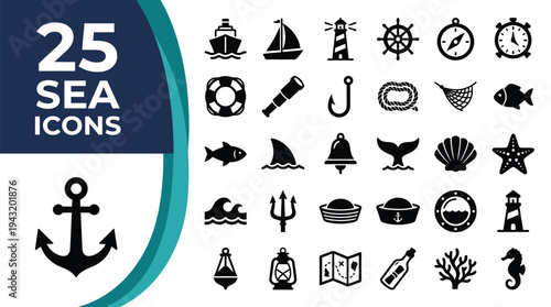 Collection of 25 sea-themed icons with various nautical symbols.